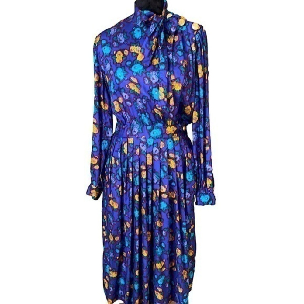 Albert Nipon Blue Floral Long Sleeve Dress